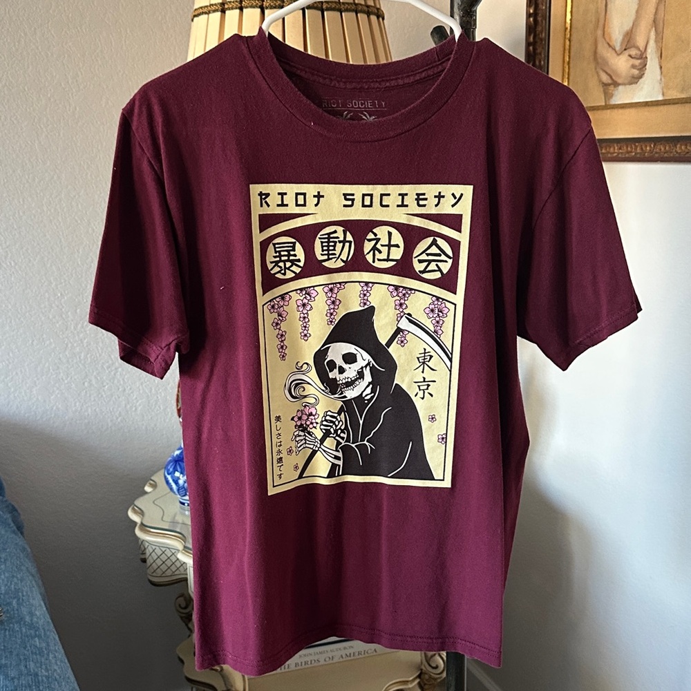 riot society burgundy tee with skull reaper graphic